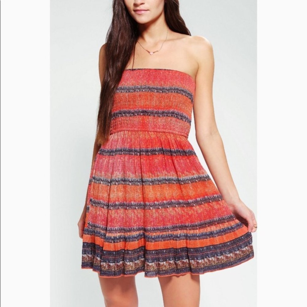 Urban Outfitters Ecote Strapless Women Size XS Smocked Stripes Orange Blue Dress
